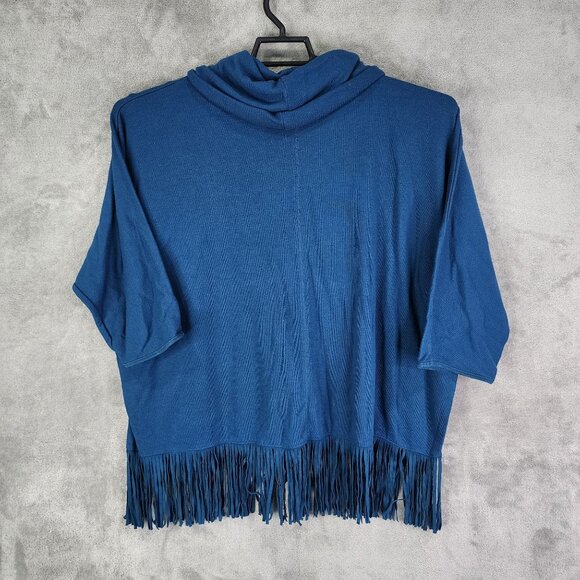 Womens Blue Terre Bleue Fringe Poncho Top Cowl Neck Kimono Sleeve Size XXL - Picture 5 of 8
